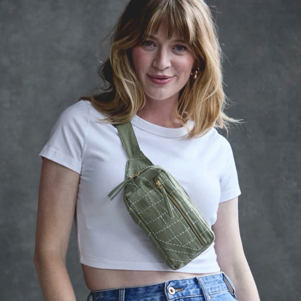 Olive Green Crossbody/Belt Bag with White Stitching
